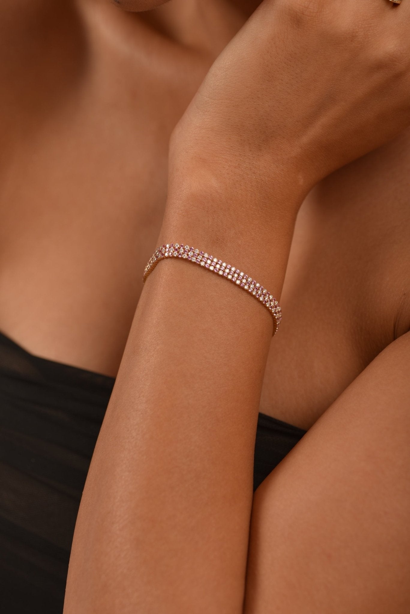 5 Carat Natural Pink Sapphire & Lab Grown Diamond Three Row Alternate Tennis Bracelet