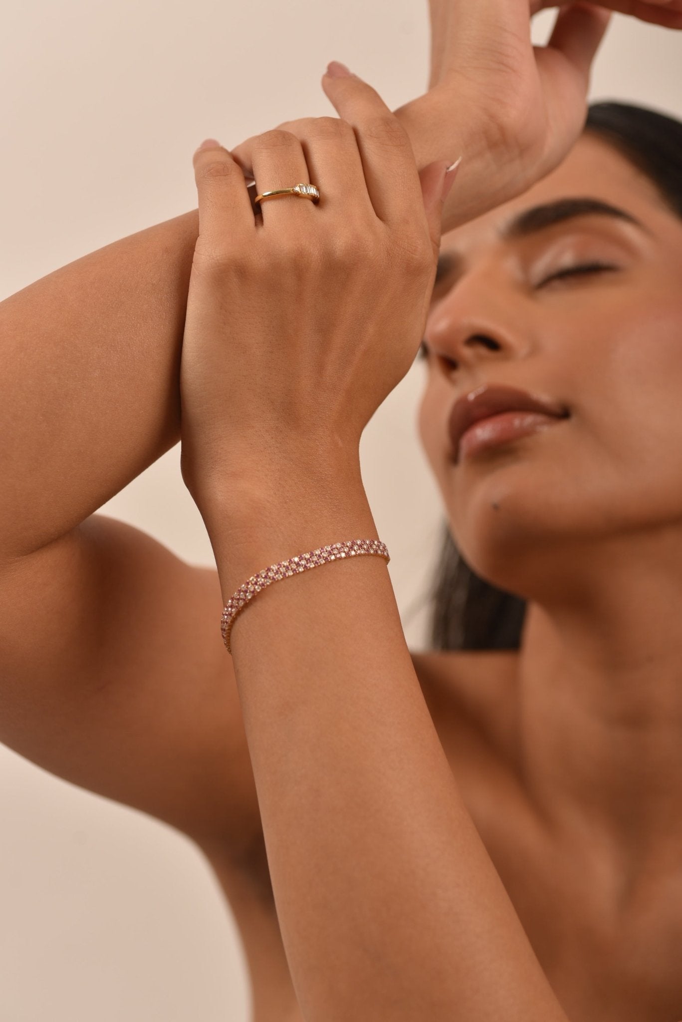 5 Carat Natural Pink Sapphire & Lab Grown Diamond Three Row Alternate Tennis Bracelet