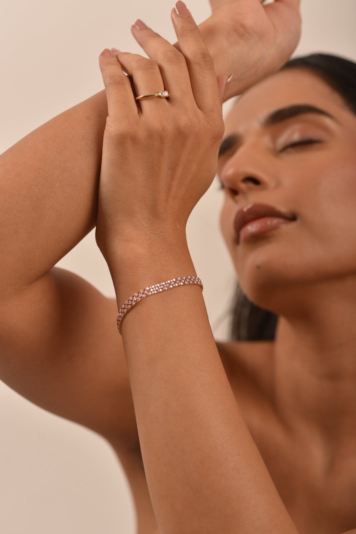 5 Carat Natural Pink Sapphire & Lab Grown Diamond Three Row Alternate Tennis Bracelet