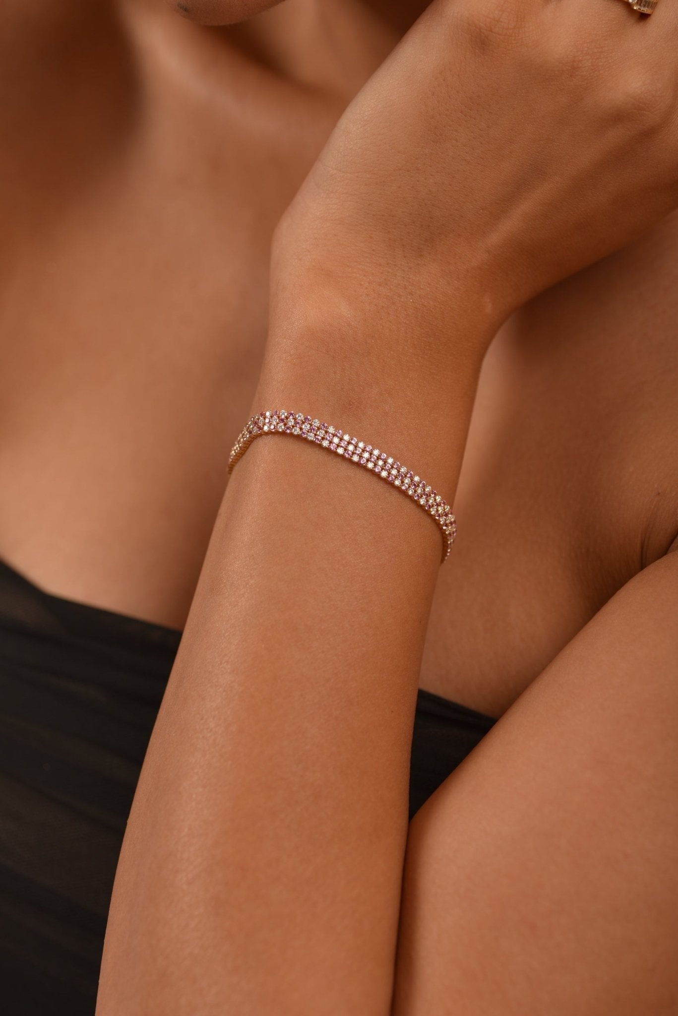 5 Carat Natural Pink Sapphire & Lab Grown Diamond Three Row Alternate Tennis Bracelet