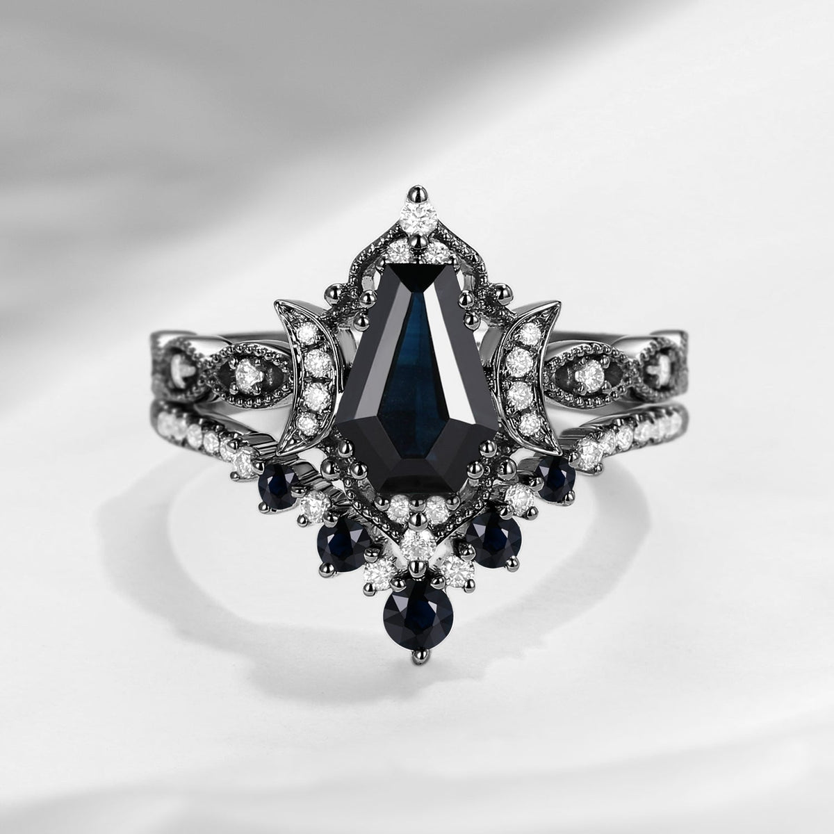 Crescent Moon | Coffin Cut Natural Black Sapphire 'Till Death Do Us Part' Engagement Ring Set 2pcs