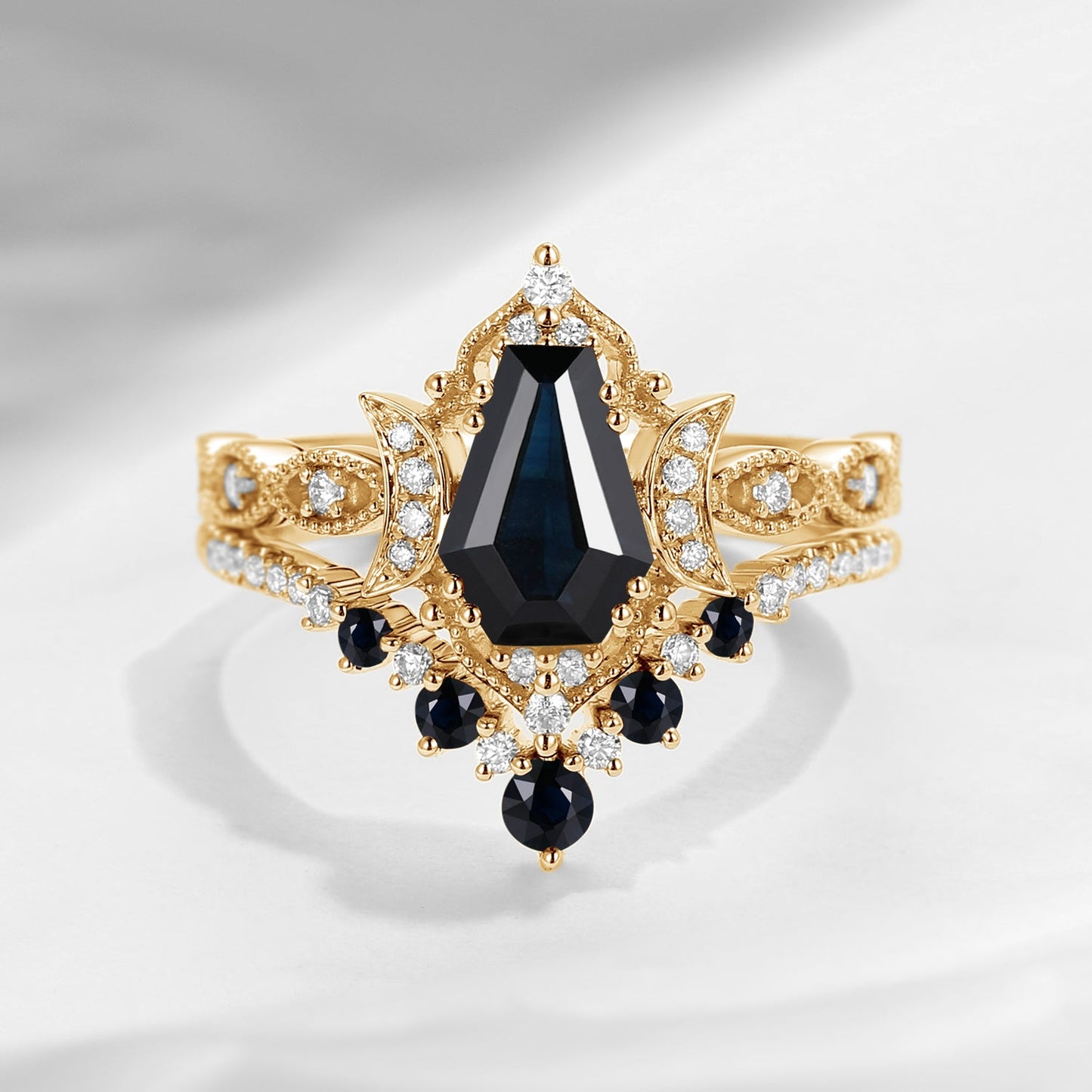 Crescent Moon | Coffin Cut Natural Black Sapphire 'Till Death Do Us Part' Engagement Ring Set 2pcs