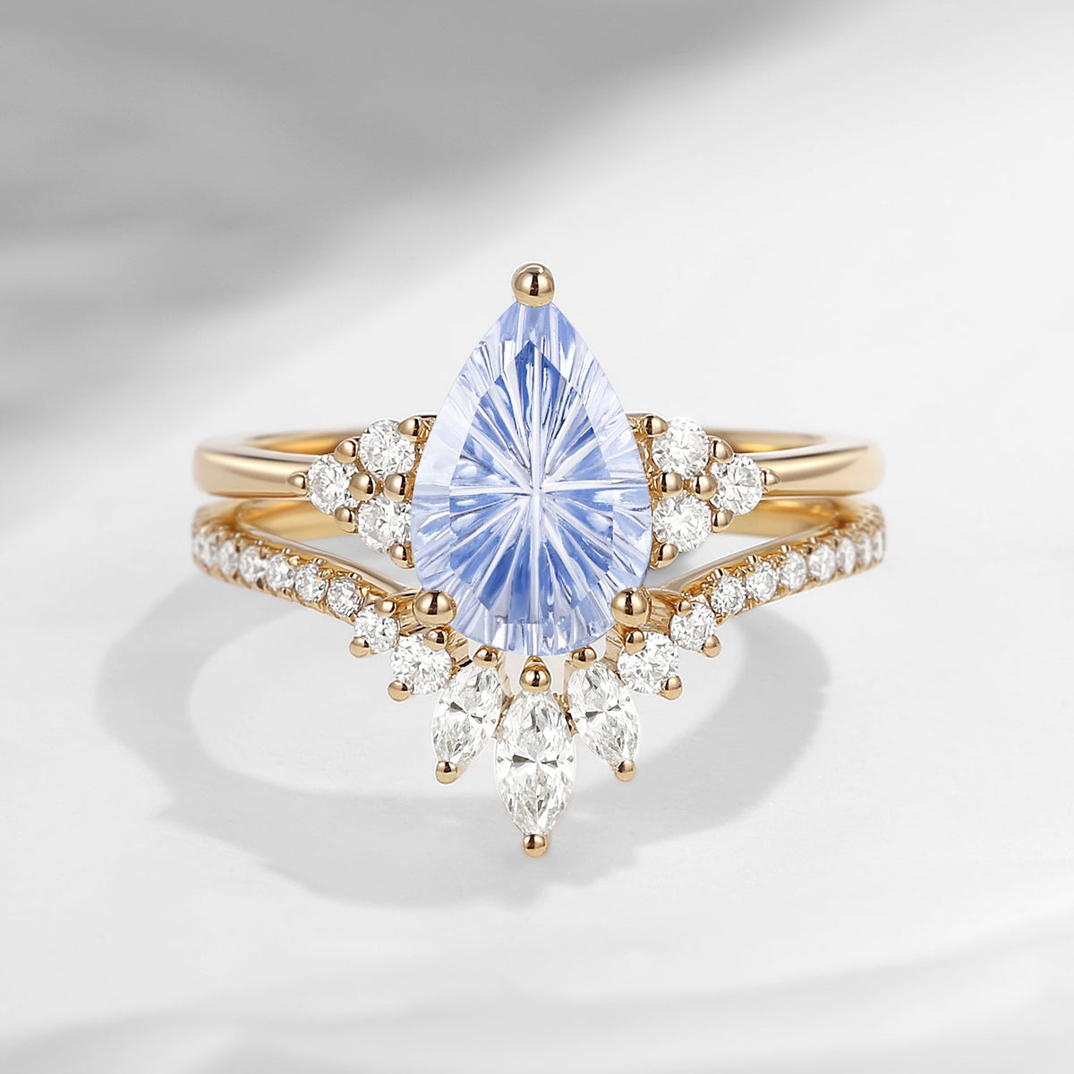 'Vivian' - 18K Fantasy Carved Pear Shaped Classic Cluster Lab Cornflower Sapphire Engagement Ring Set