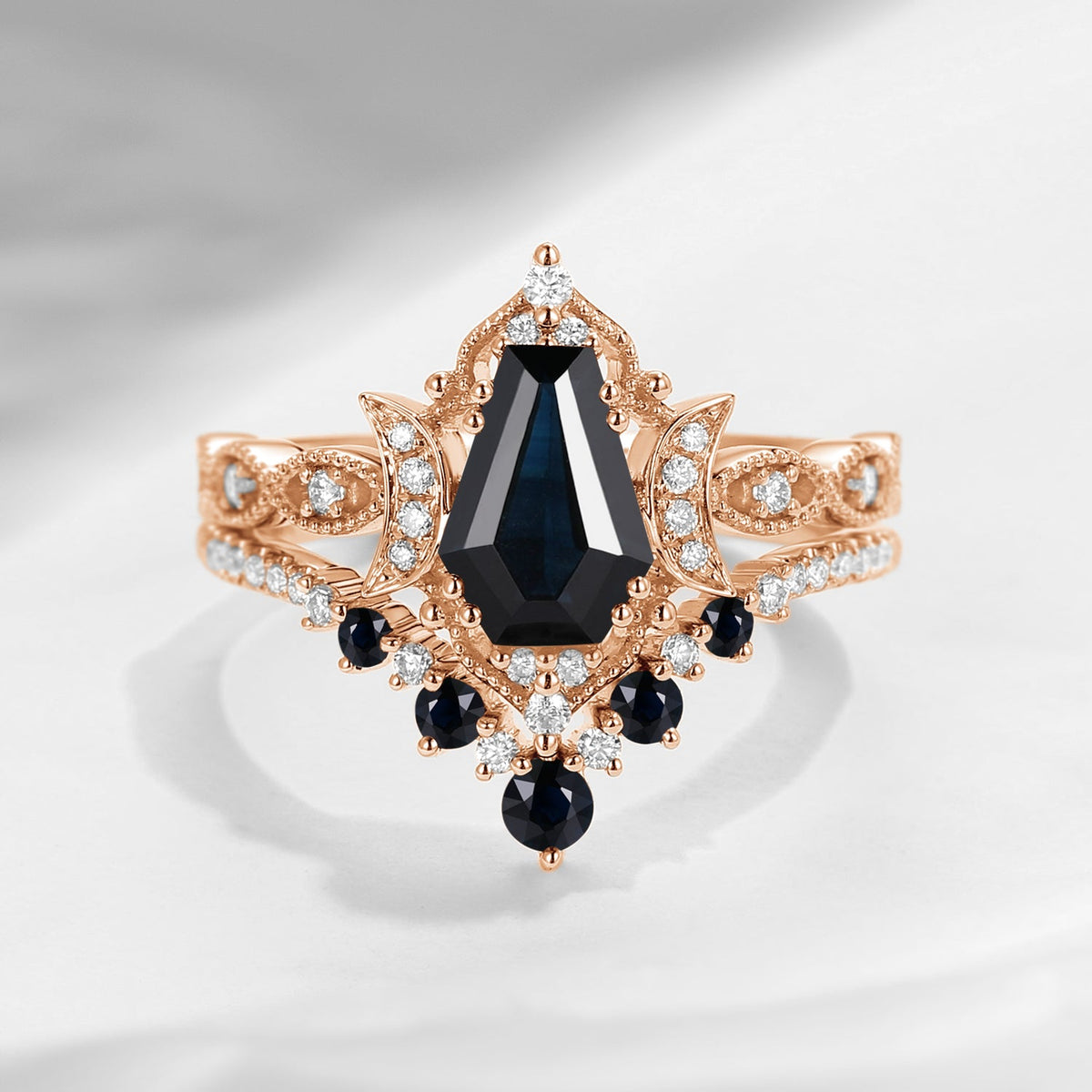 Crescent Moon | Coffin Cut Natural Black Sapphire 'Till Death Do Us Part' Engagement Ring Set 2pcs