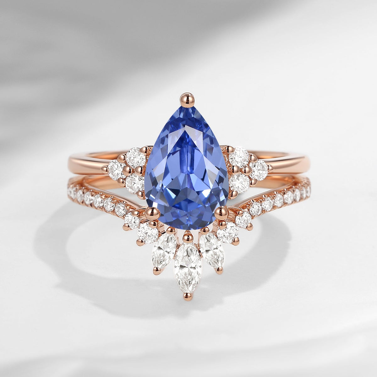 1.5ct Pear Shaped Classic Cluster Lab Cornflower Sapphire Engagement Ring Set 2pcs - Vivian