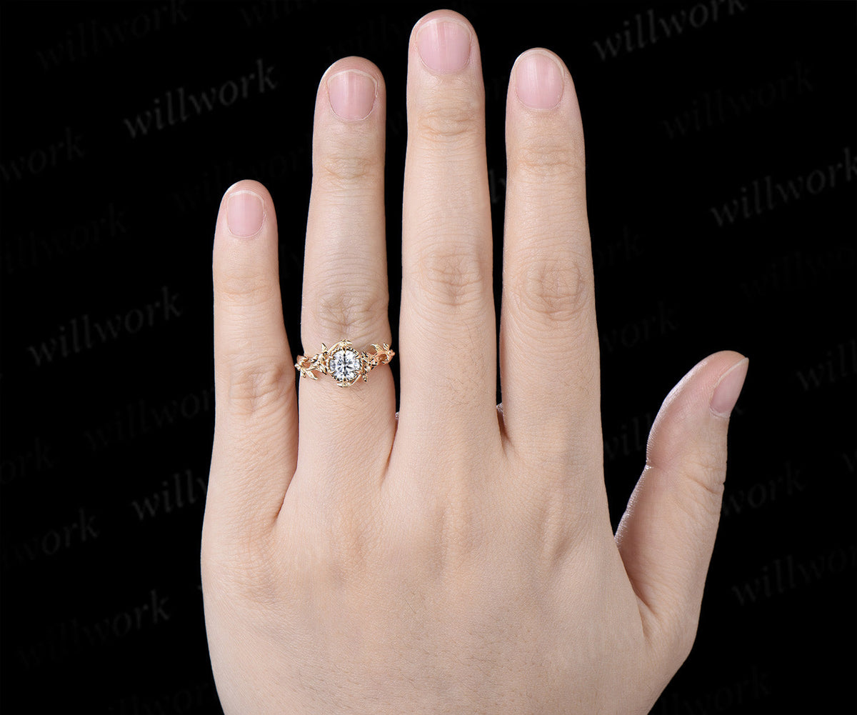 Round Moissanite Engagement Ring Claw Prong Twisted Vine Floral Solitaire Ring Nature Inspired Promise Ring
