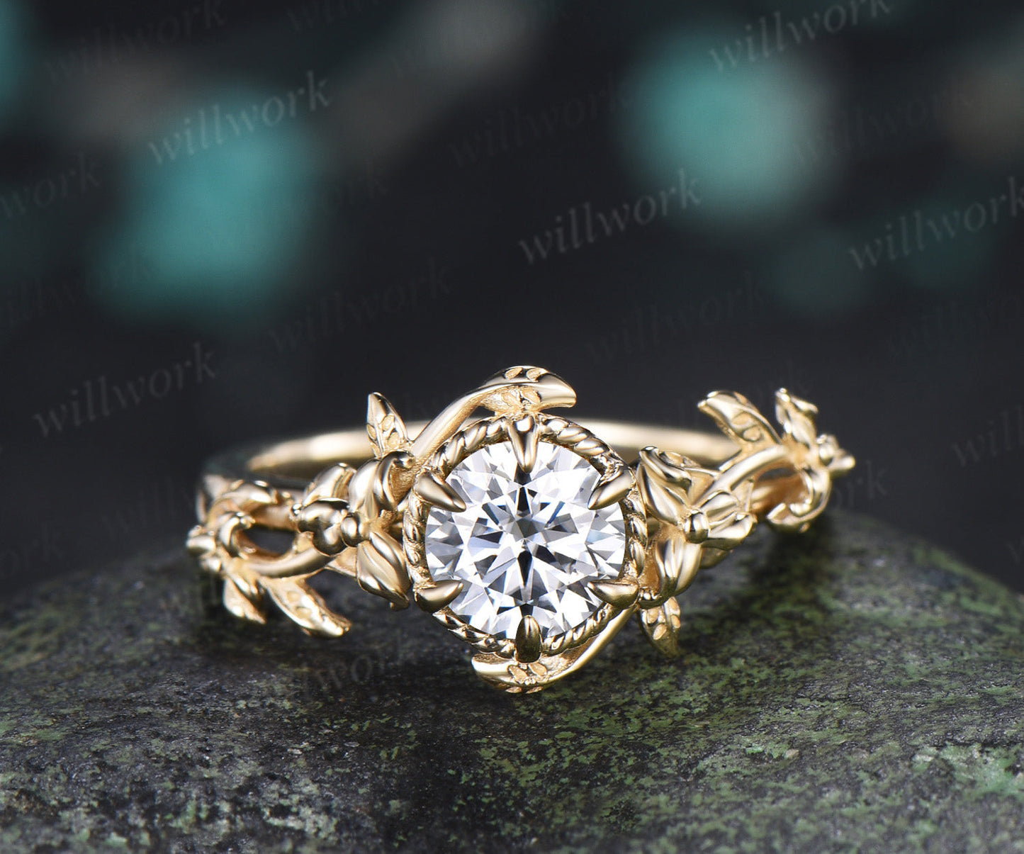 Round Moissanite Engagement Ring Claw Prong Twisted Vine Floral Solitaire Ring Nature Inspired Promise Ring