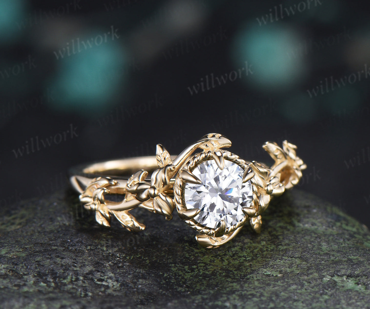 Round Moissanite Engagement Ring Claw Prong Twisted Vine Floral Solitaire Ring Nature Inspired Promise Ring