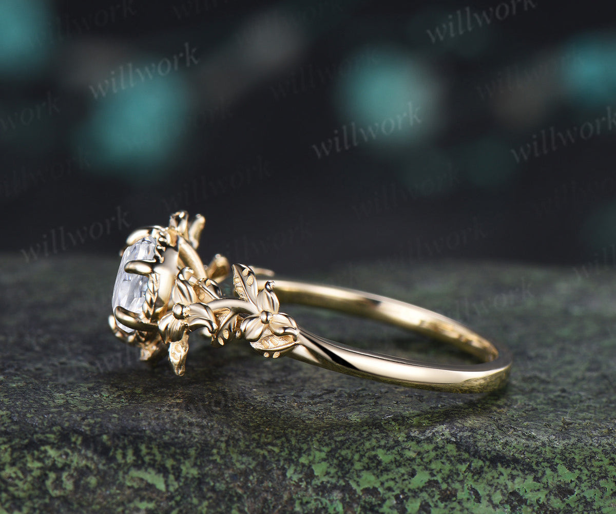 Round Moissanite Engagement Ring Claw Prong Twisted Vine Floral Solitaire Ring Nature Inspired Promise Ring