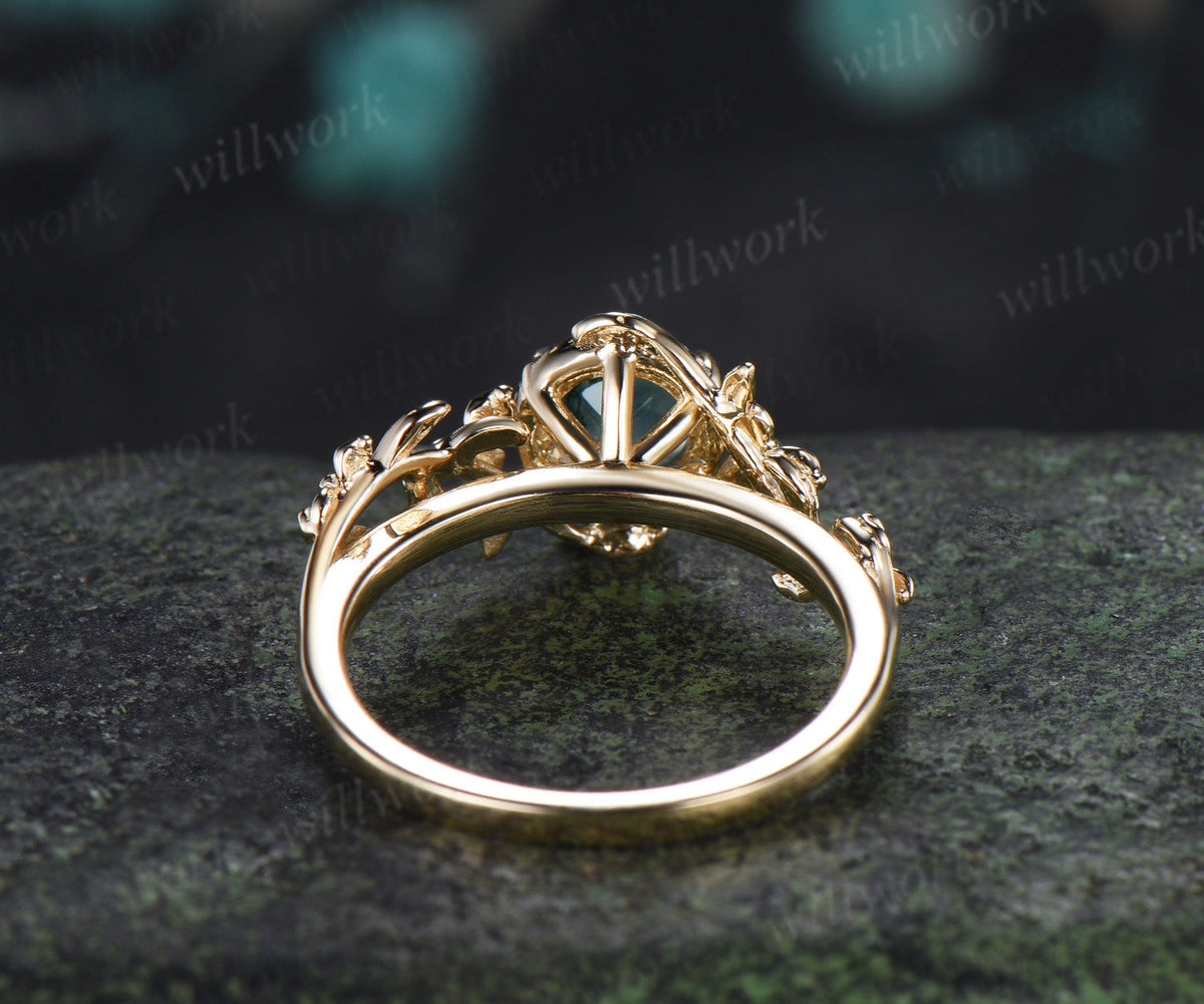 Round Moss Agate Twisted Floral Vine Engagement Ring Nature Inspired Solitaire Promise Ring for Her