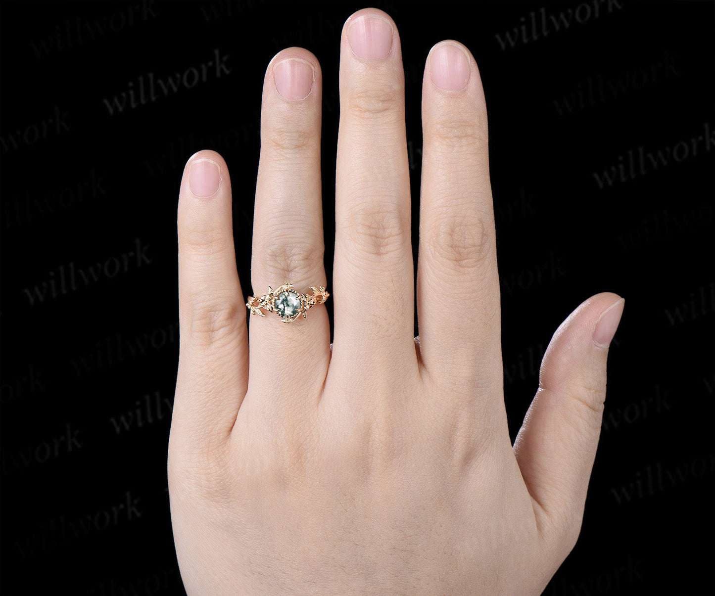 Round Moss Agate Twisted Floral Vine Engagement Ring Nature Inspired Solitaire Promise Ring for Her