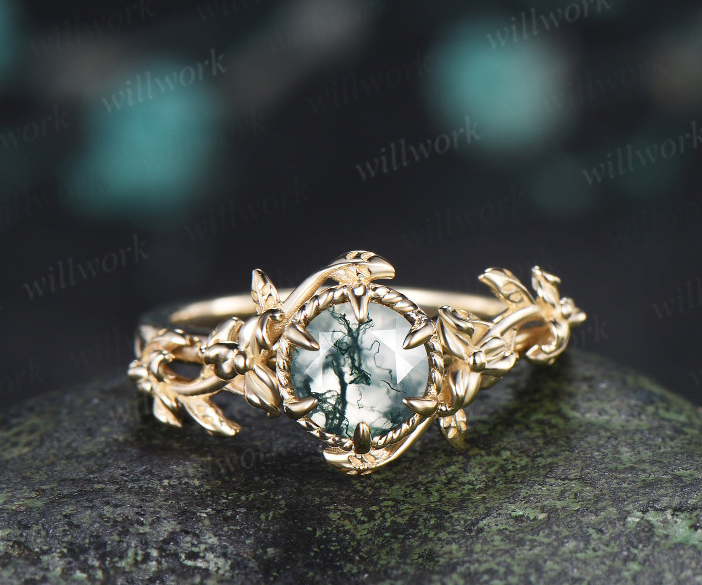 Round Moss Agate Twisted Floral Vine Engagement Ring Nature Inspired Solitaire Promise Ring for Her