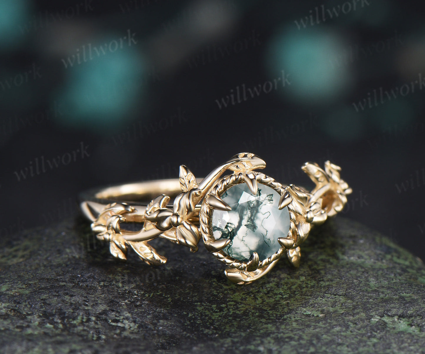 Round Moss Agate Twisted Floral Vine Engagement Ring Nature Inspired Solitaire Promise Ring for Her