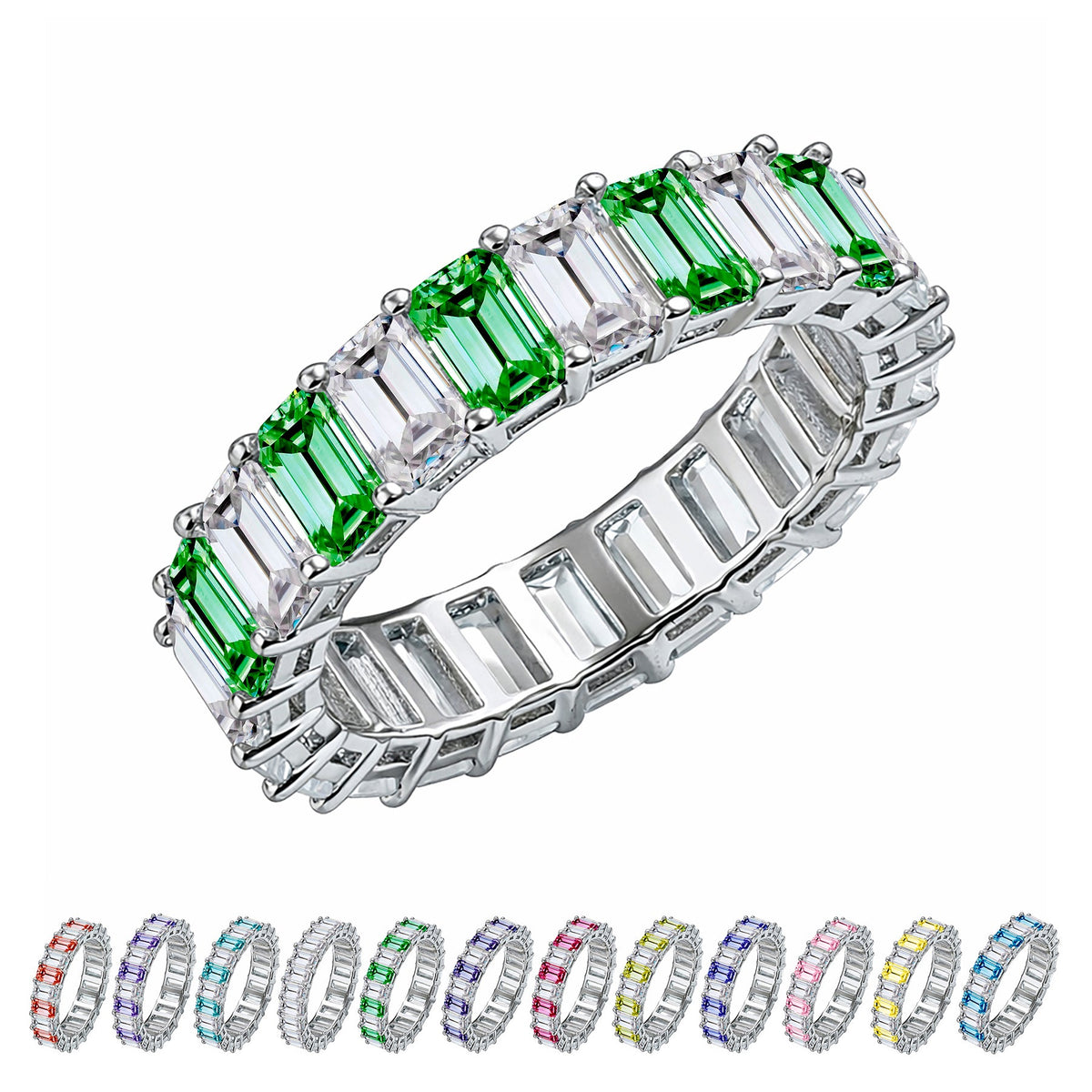 10 Carat Emerald Cut Birthstone - Multicolor Eternity Wedding Band