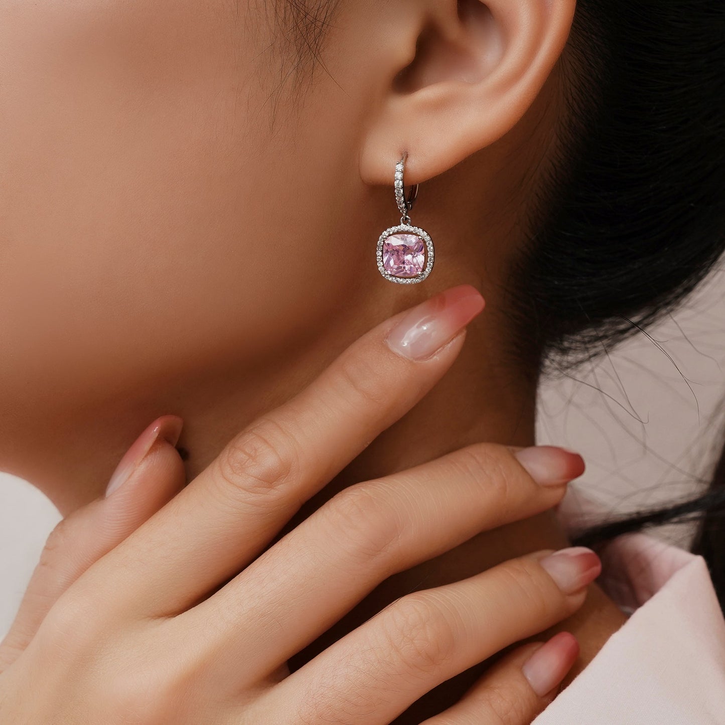 Romantic Pink Cushion Drop Hoop Earrings – Elegant Dangle Jewelry