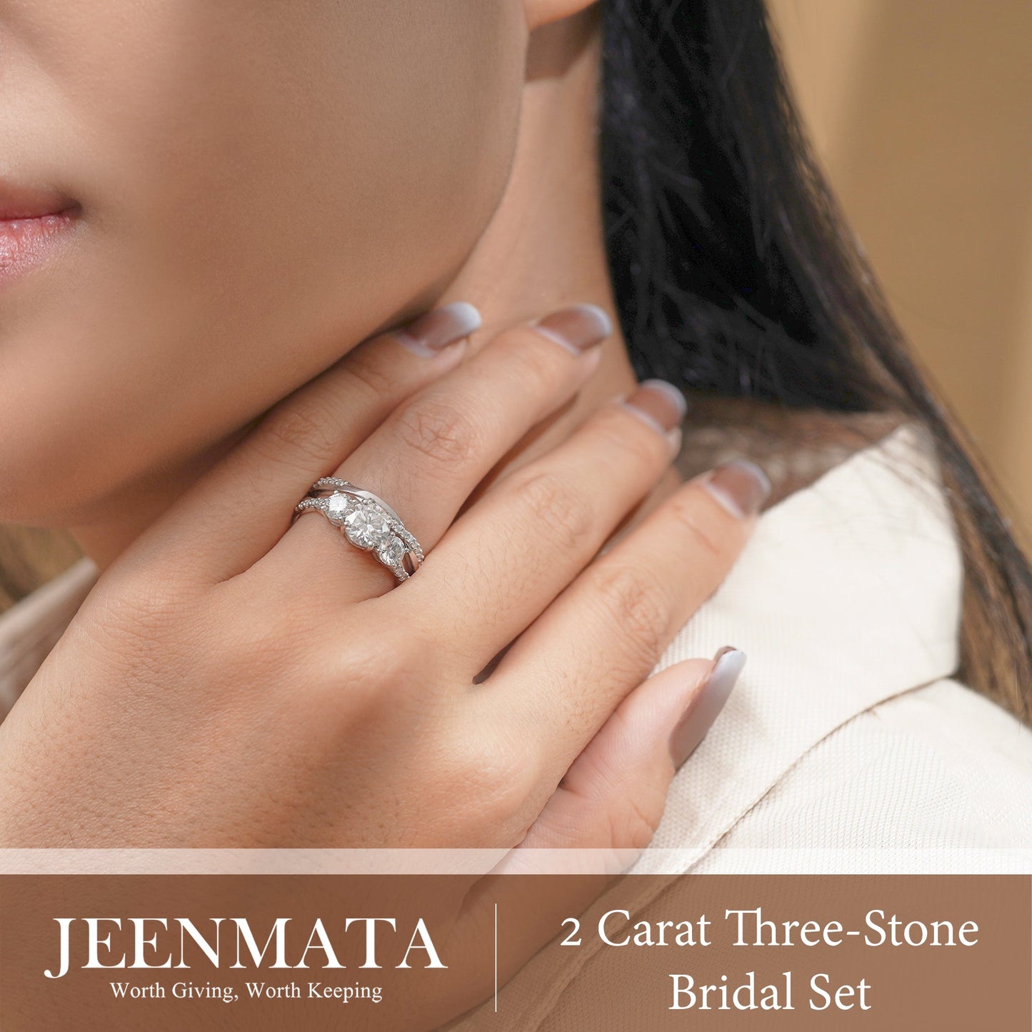 2 Carat Lab Grown Diamond Bridal Ring Set for Women, Round Cut 3 Stone Engagement Ring with Matching Wedding Band, 18K White Gold Plated Silver