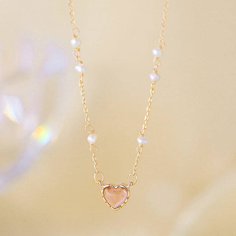 Dainty Pearl Heart Pendant Necklace in 925 Sterling Silver: Gold