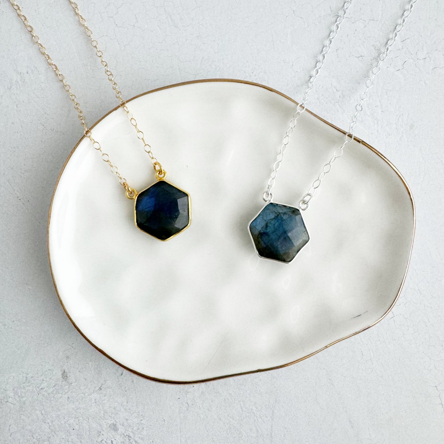 Dainty Hexagon Bezel Necklace - Labradorite