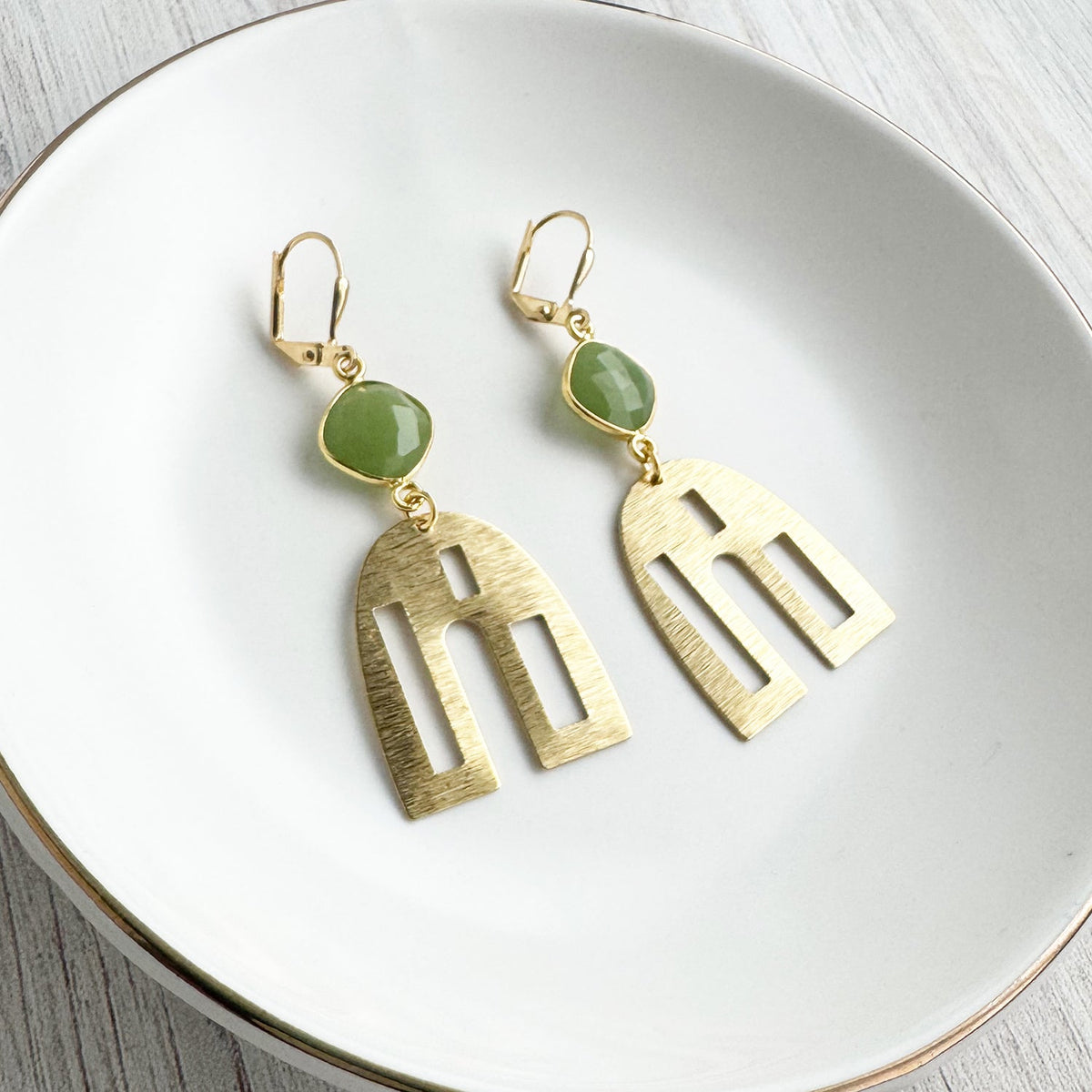 Raw Brass Arch and Green Chalcedony Dangle Earrings
