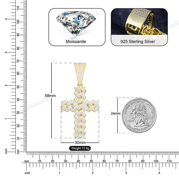 S925 Moissanite Cuban Prong Cross Pendant