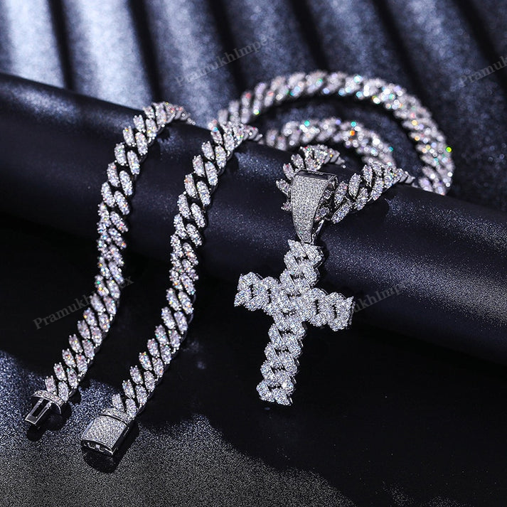 S925 Moissanite Cuban Prong Cross Pendant