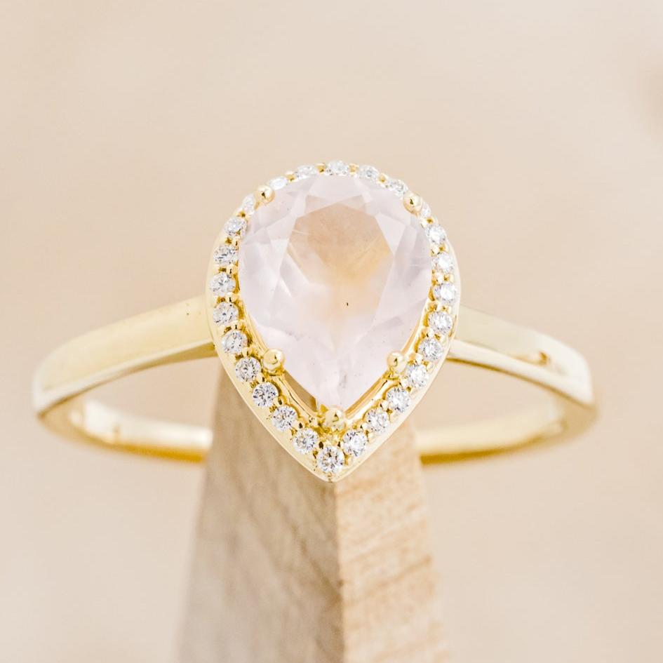 "Clariss" - Pear Cut Rose Quartz Engagement Ring With Diamond Halo