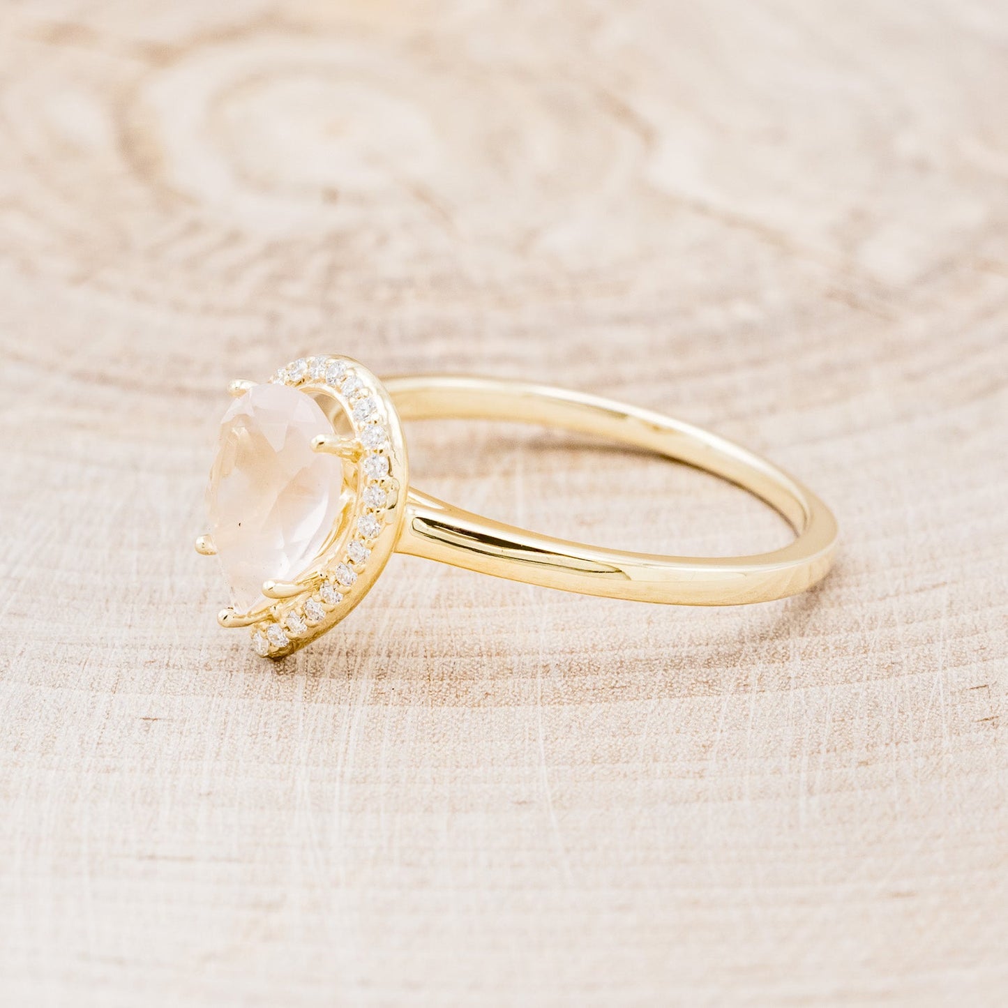 "Clariss" - Pear Cut Rose Quartz Engagement Ring With Diamond Halo