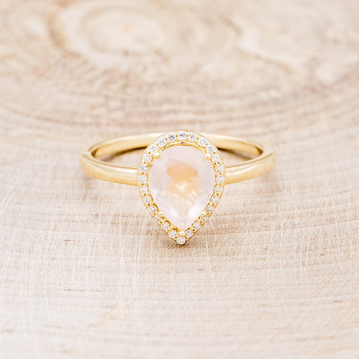 "Clariss" - Pear Cut Rose Quartz Engagement Ring With Diamond Halo