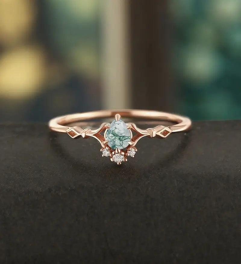 Moss Agate Engagement Ring Pear Shaped Solid Gild Ring Vintage Wedding Ring Bridal Promise Women Ring