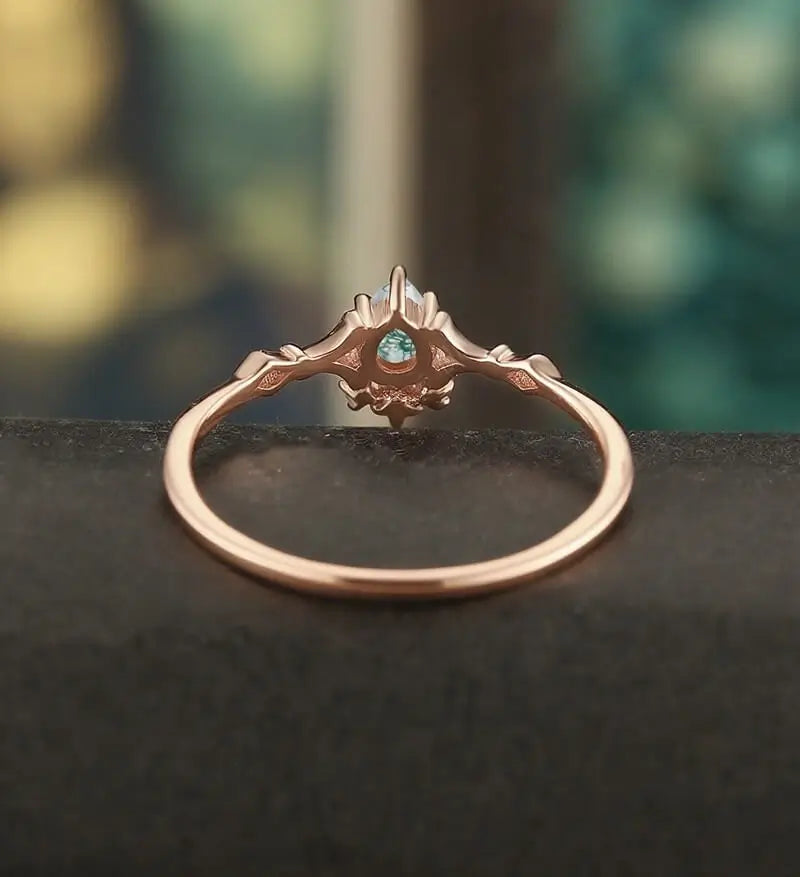 Moss Agate Engagement Ring Pear Shaped Solid Gild Ring Vintage Wedding Ring Bridal Promise Women Ring