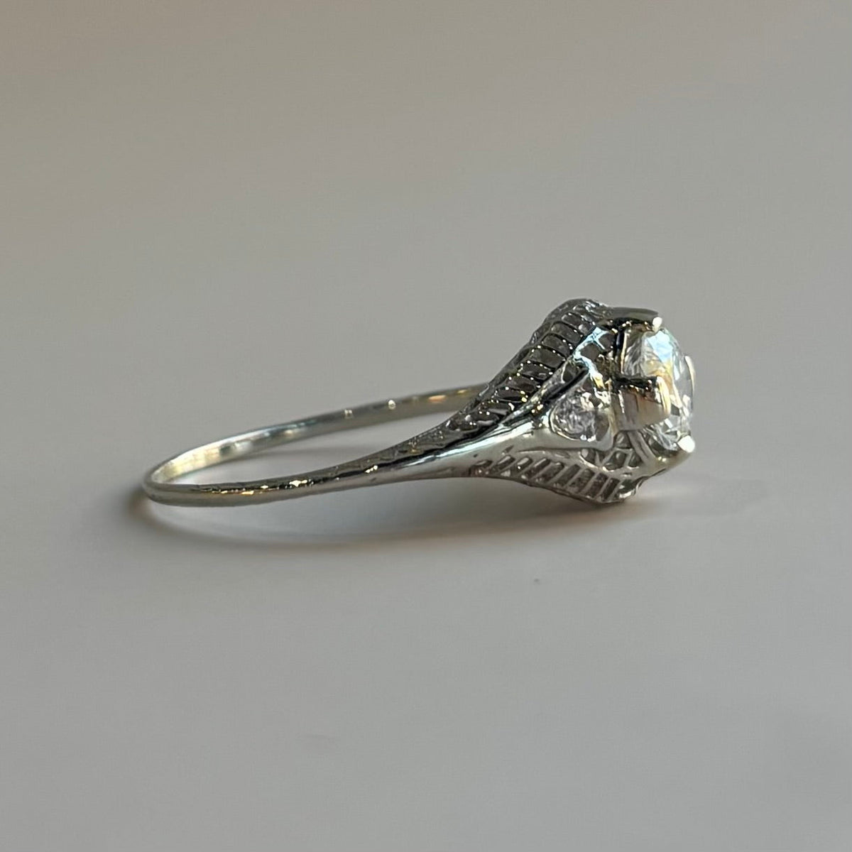 Art Deco 0.52ct Diamond Filigree Engagement Ring | 18k White Gold | Vintage