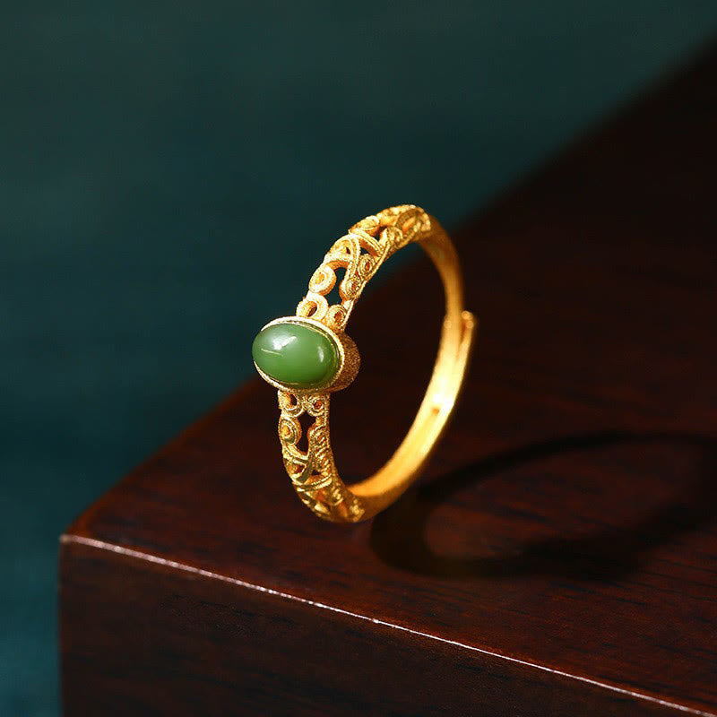 Fortune Jewel Auspicious Cloud Pattern Cyan Jade Luck Adjustable Ring