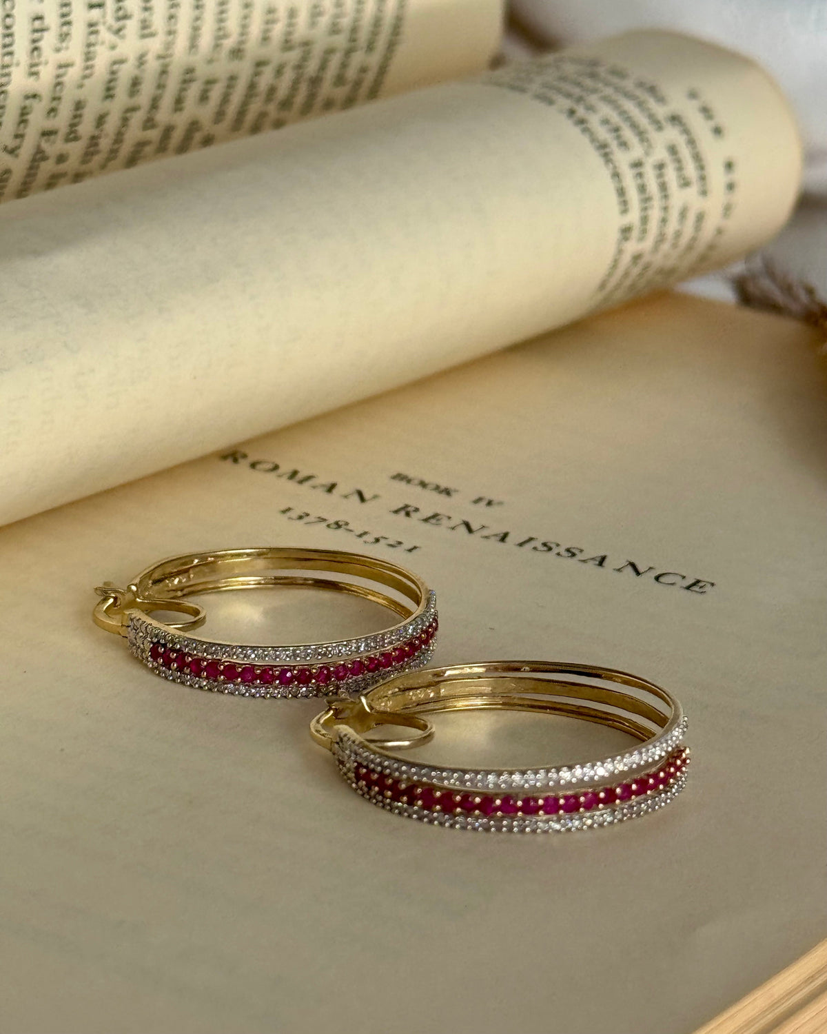 Vintage 14k Yellow Gold Natural Ruby & Diamond Hoops