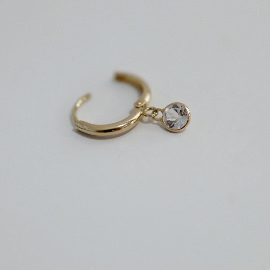 Hoop Earring in 14 karat Yellow Gold with White Topaz Gemstone Drop / SINGLE EARRING / READY TO SHIP