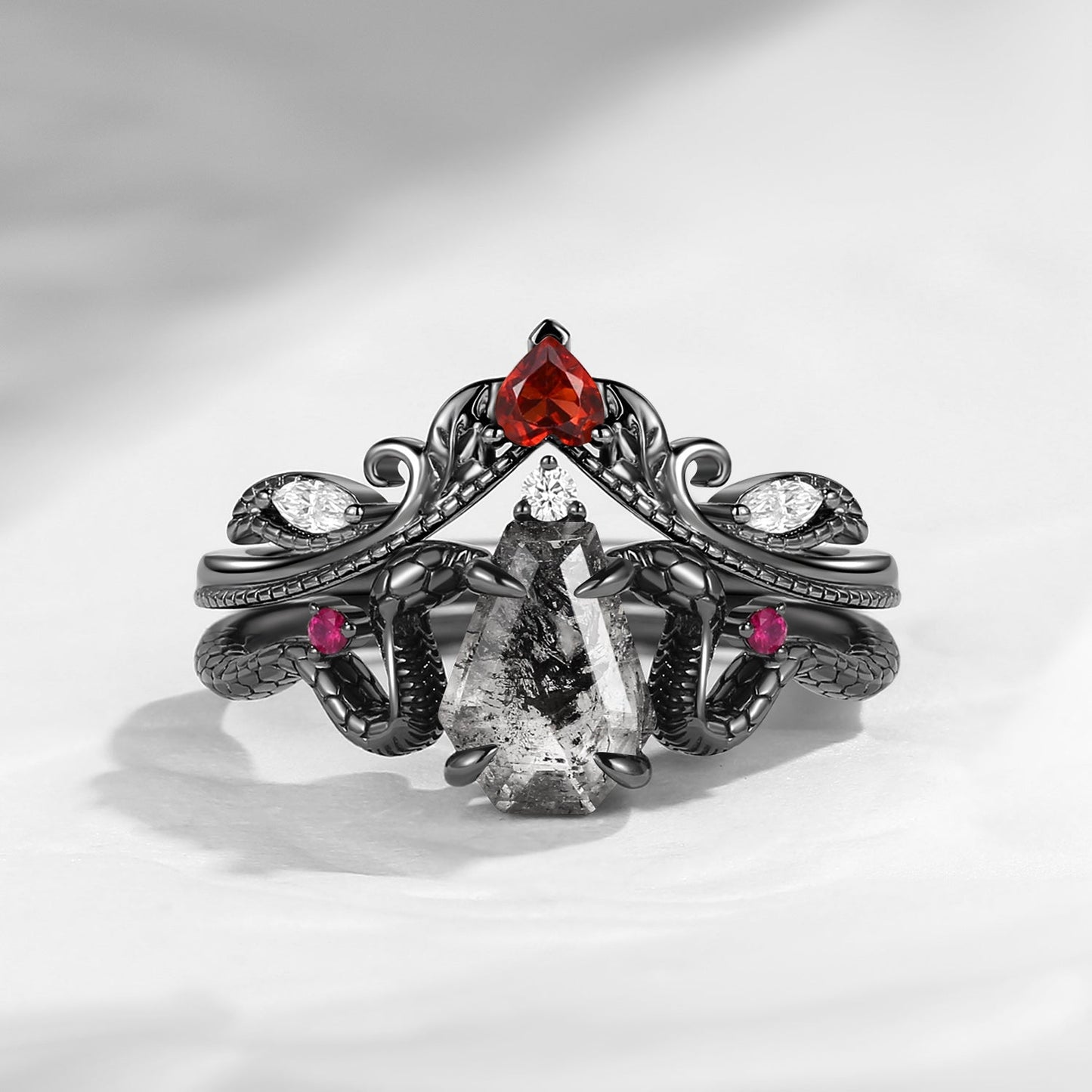 Gothic Coffin Cut Herkimer Diamond Snake Engagement Ring Set 2pcs - Serpent's Embrace