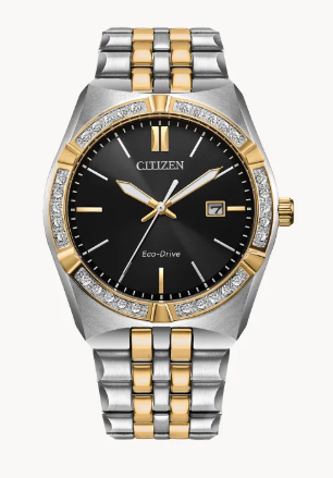 Gent's Two-Tone Citizen Eco-Drive "Corso Diamond" Watch with Black Stick Dial