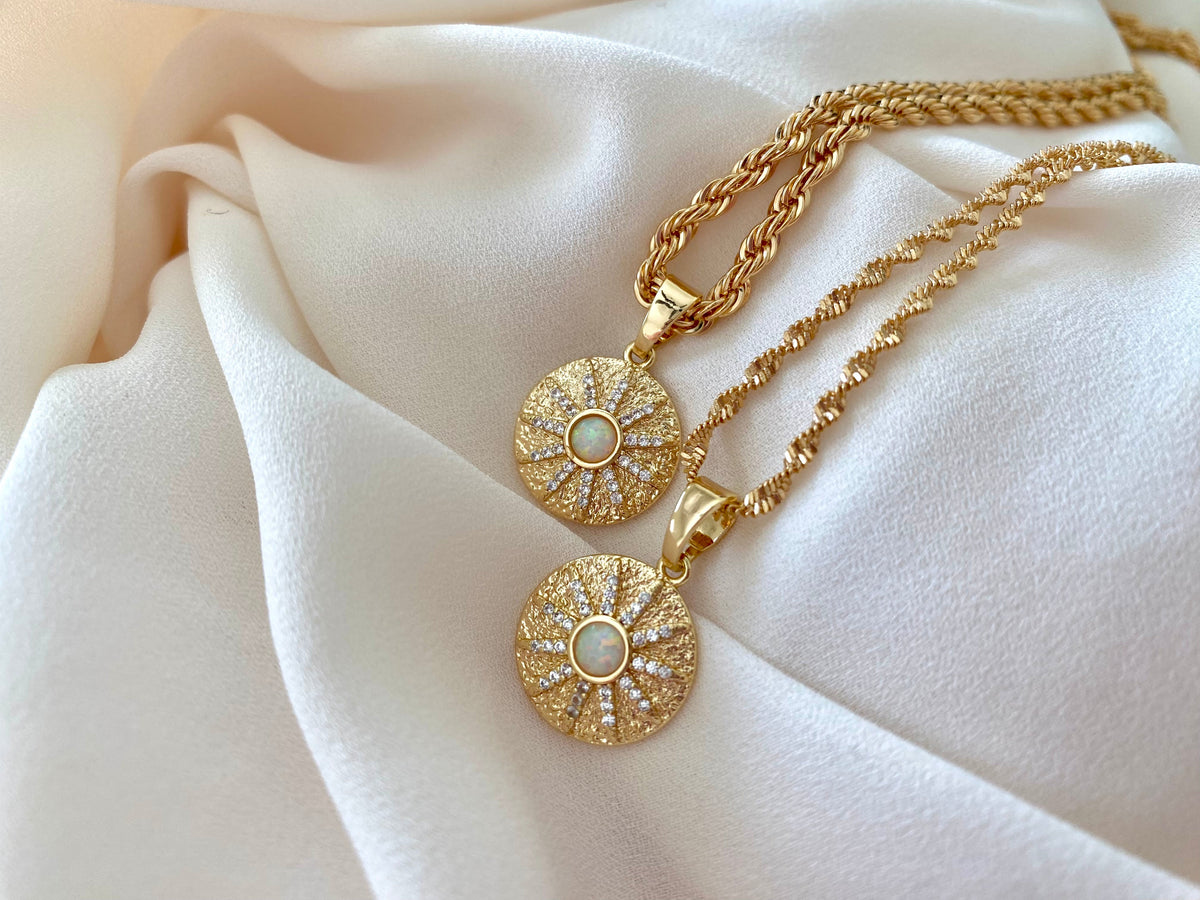 Opal Necklace Opal Coin Pendant Necklace October Birthstone Gold Filled Genuine Opal Charm Crystal Medallion Necklace Minimalist Jewelry