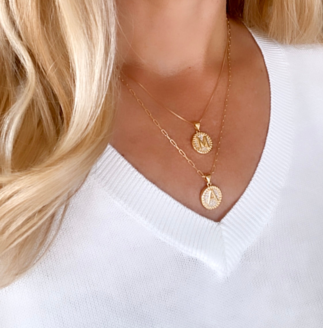 Gold Filled Letter Necklace Micro Pave Initial Pendant Coin Charm Minimalist CZ Letter Pendant Christmas Gift Paperclip Box Figaro Chain