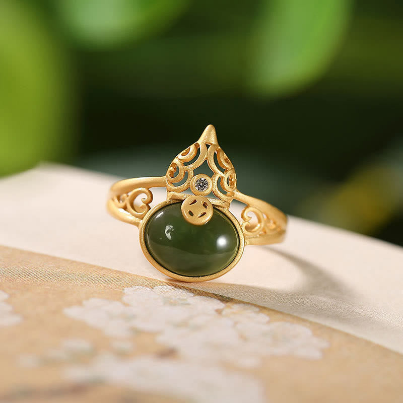 Fortune Jewel Gourd Cyan Jade Copper Coin Success Luck Adjustable Ring