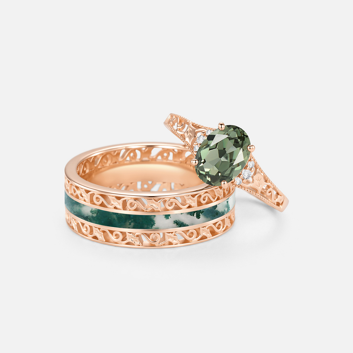 Oval Cut Lab Green Sapphire Engraved Engagement Couple Ring Set 2pcs - Saffron