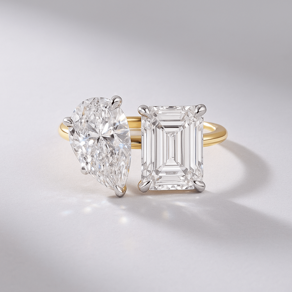 5.50 Carats Pear & Emerald Cut Two Stone Toi Et Moi Wedding Ring