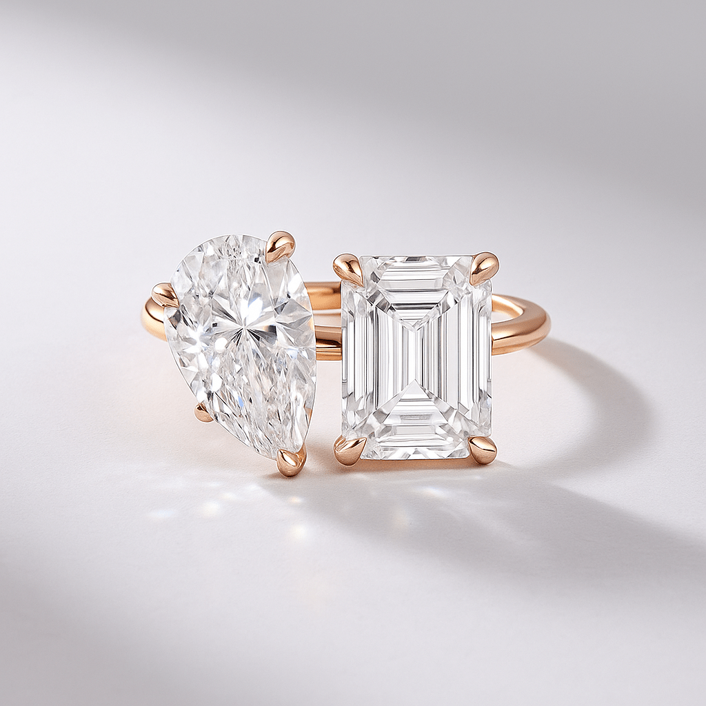 5.50 Carats Pear & Emerald Cut Two Stone Toi Et Moi Wedding Ring