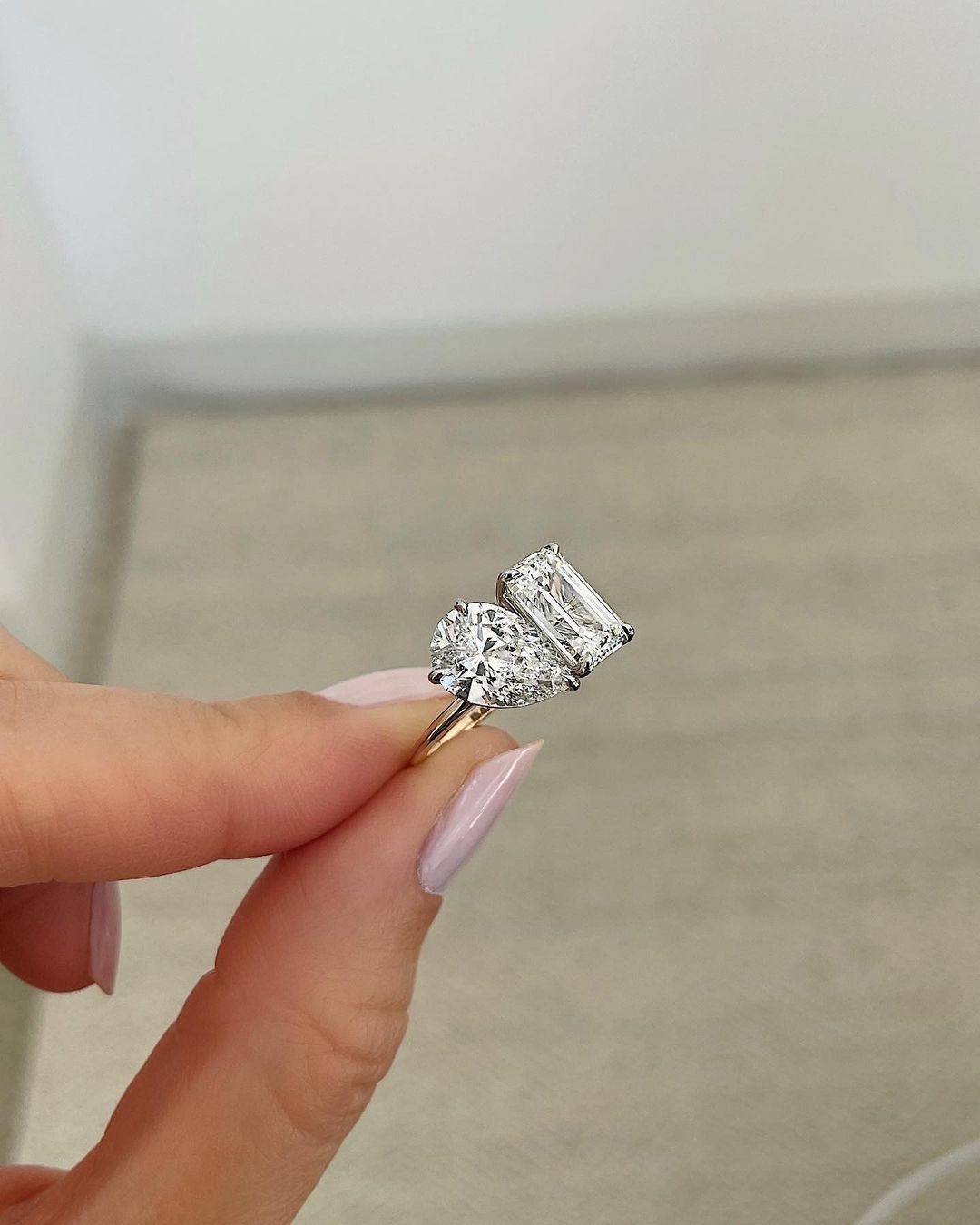 5.50 Carats Pear & Emerald Cut Two Stone Toi Et Moi Wedding Ring