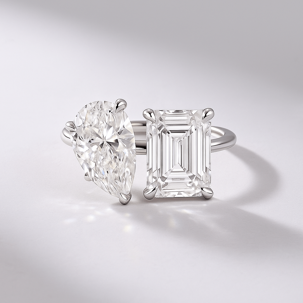 5.50 Carats Pear & Emerald Cut Two Stone Toi Et Moi Wedding Ring