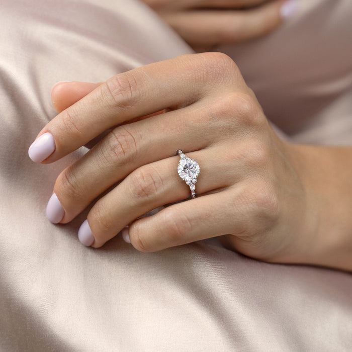 Graceful Solarii Moissanite 2.0ct Round Cut 925 Sterling Silver Side Stone Engagement Ring