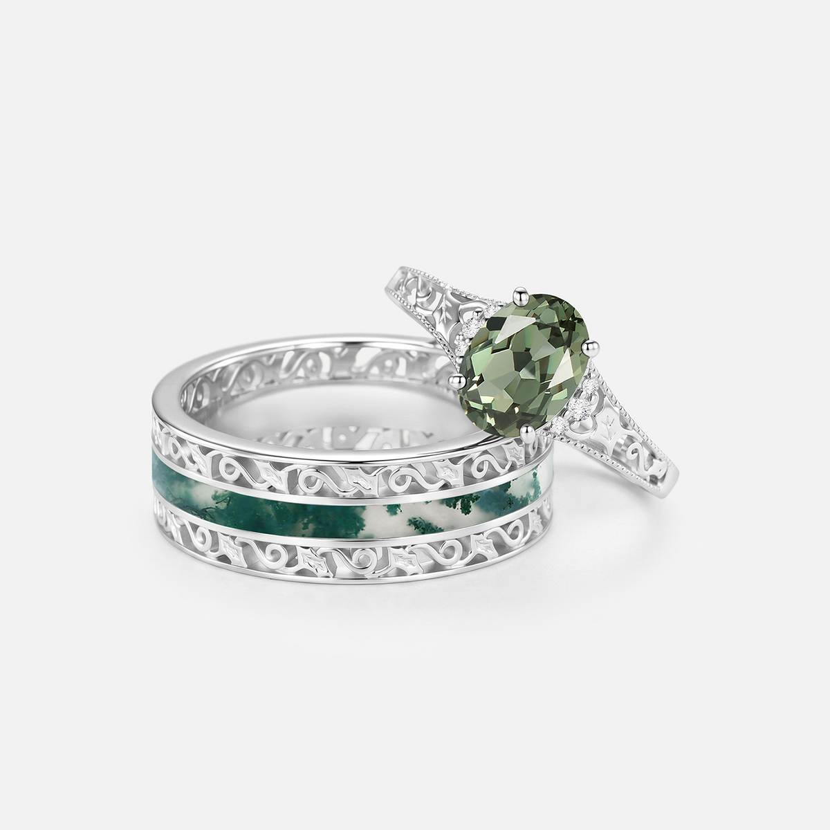 Oval Cut Lab Green Sapphire Engraved Engagement Couple Ring Set 2pcs - Saffron