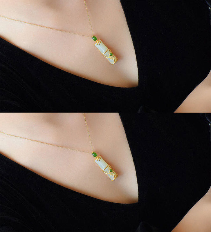 Fortune Jewel White Jade Cyan Jade Bamboo Protection Necklace Pendant