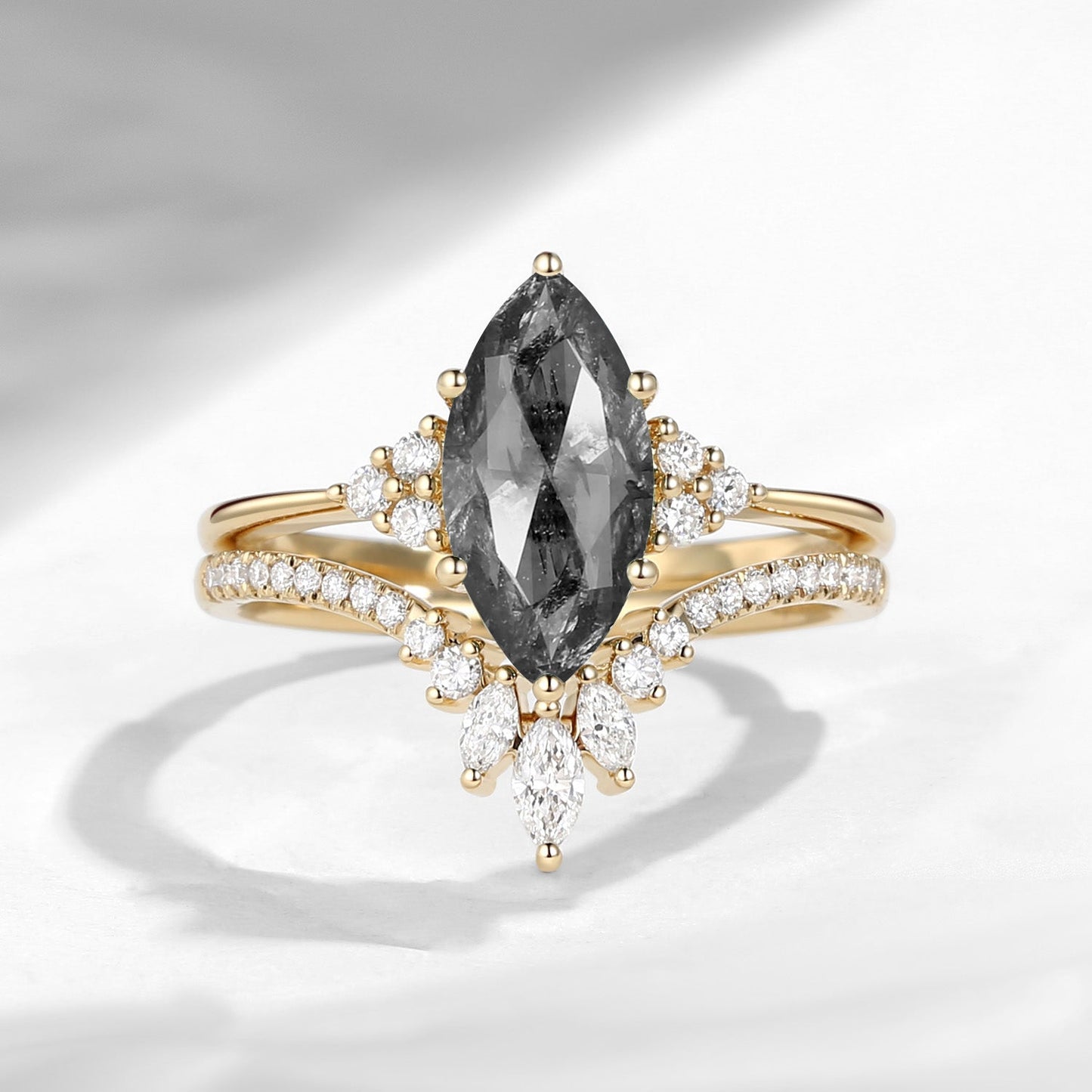 Classic Style Marquise Cut Salt & Pepper Diamond Cluster Engagement Ring Set