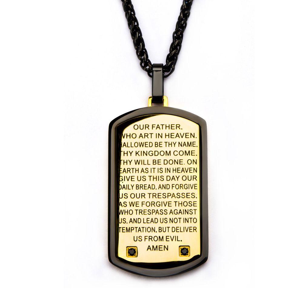 Black & Gold IP Stainless Steel Dog Tag Necklace with Lord's Prayer