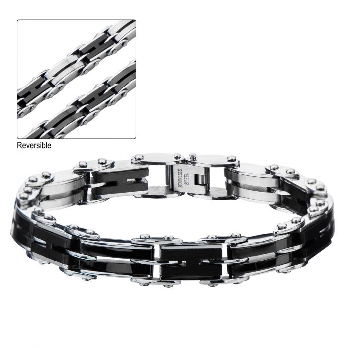 Stainless Steel & Black Plated H-Link Reversible Bracelet